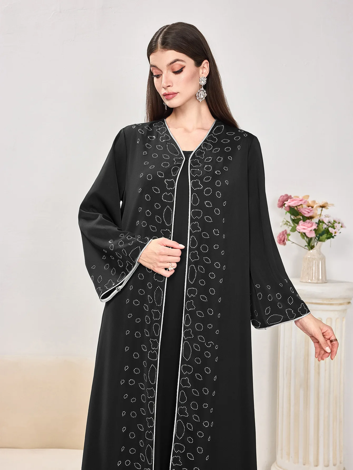 중동 여성 의류 패션 플라워 핫 다이아몬드 캐주얼 루즈 두바이 신상 드레스 아바야 로브