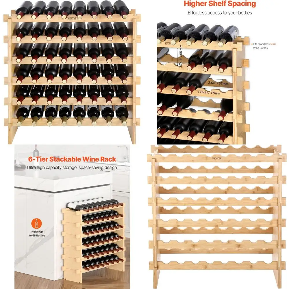 

Stackable 6-Tier Bamboo Wine Rack, 48-Bottle Capacity, Freestanding Display Shelf for Kitchens, Dining Rooms, and Cellars, Natur