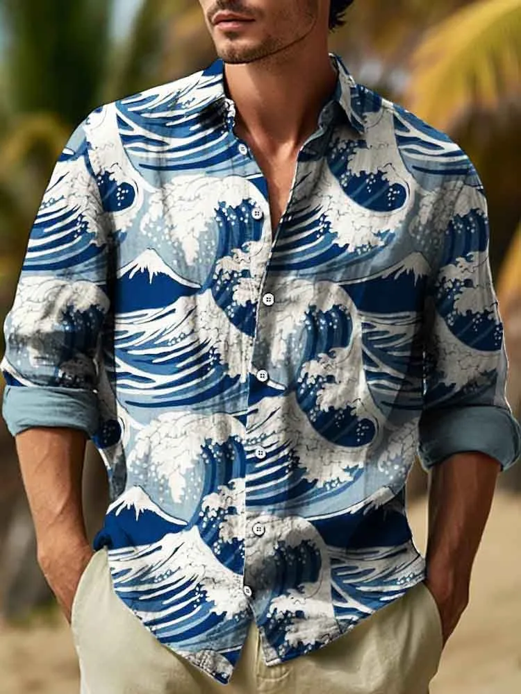 

Vintage Office Commuting Shirts 2025 Autumn Long Sleeve Single Breast Chic Tops Holiday Lapel Collar Ocean Waves Printed Tunics