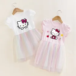 Summer Baby Girls Dress Cute Kid Sanrio Hello Kitty Rainbow Mesh Princess Party Costume Vestidos Children Short-Sleeved Clothing