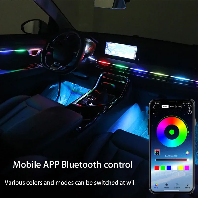 18 in 1 Car Ambient Light 64 Color Acrylic Strips Bluetooth App Control 110cm 90cm 75cm 35cm 20cm Full Colors RGB Car Interior