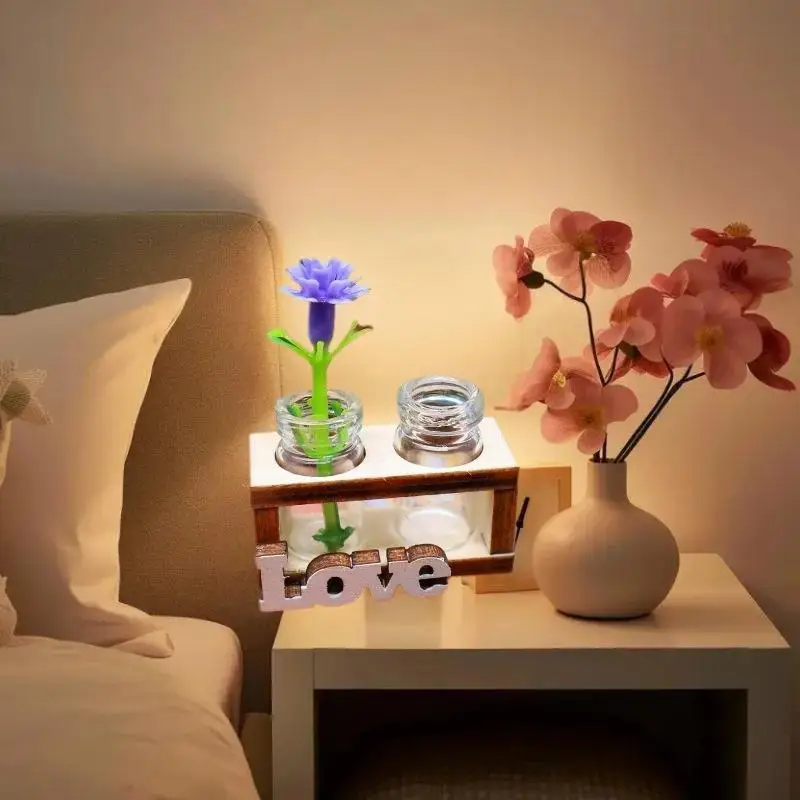 Compact Glass Bouquet Vase Miniature 1:12 Scale Dollhouse DIY Wood Hydroponic Flower Stand, Home & Garden Decoration Playset