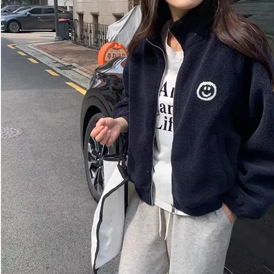 Casual Towel Patterned Loose Fit Stand Collar Zipper Jacket Women's Autumn Winter New Style College Style Female Outerwear