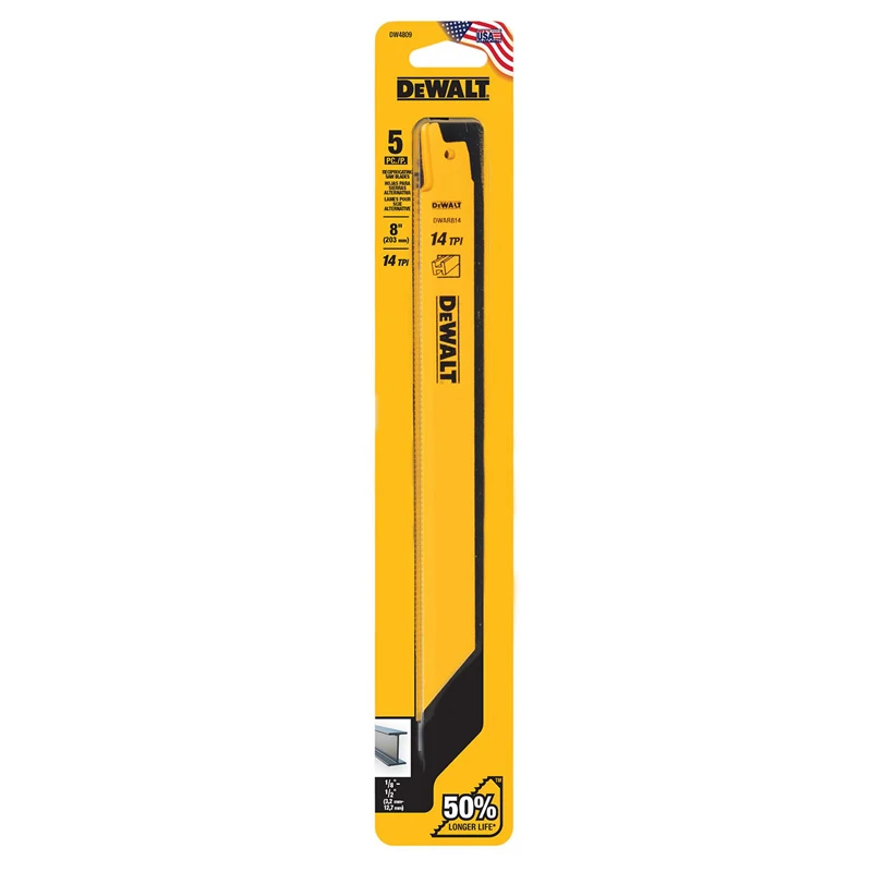 Dewalt DW4809 Reciprocating Saw Blade Durability In Set Of 8-Inch 14 TPI Saw Blades For Thick Metal Cast Iron Alloy Wood 5PCS