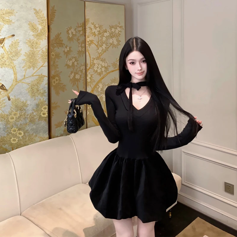 Vintage Zwarte Mini Jurk Vrouwen Elegant Party Prom Bow Lace Up Bud Jurken Koreaanse Sexy V-hals Lange Mouw Bodycon A-lijn Vestidos