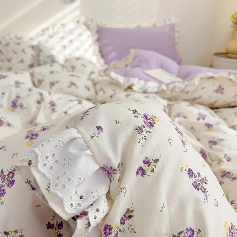 Fresh Floral Duvet Cover Set No Filler Lace Ruffles Bedding Washed Cotton Bed Linens Flat Sheet Pillowcase for Girls 200x230cm