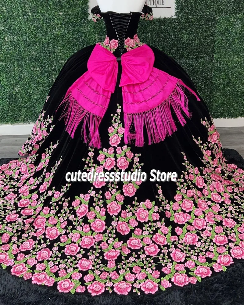 Charro floral quinceanera vestidos com arco apliques mexicano meninas aniversário formatura vestir veludo vestidos de xv años