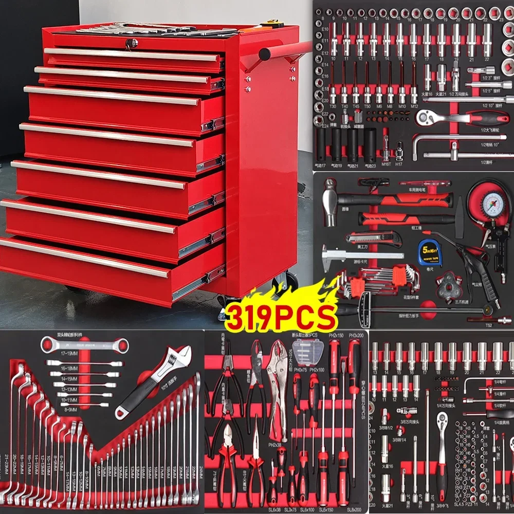 Auto repair lockable seven-drawer red tool cabinet trolley with tools,tool sets for garage storage