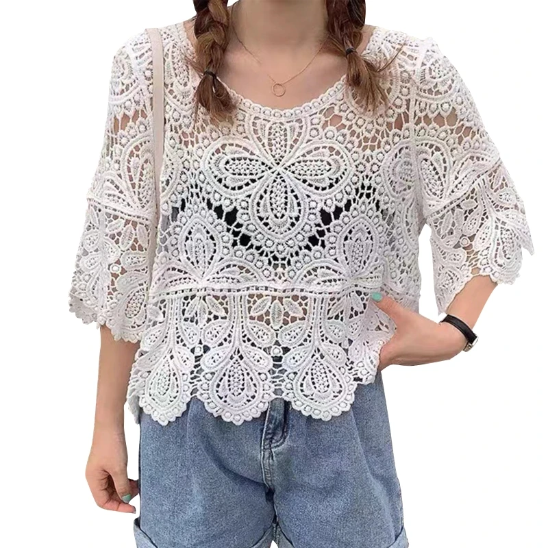 Women French Hollow Out Crochet Knit T-Shirt Summer Flared 3/4 Sleeve Crewneck Floral Lace Loose Blouse Beach Cover Up Tops