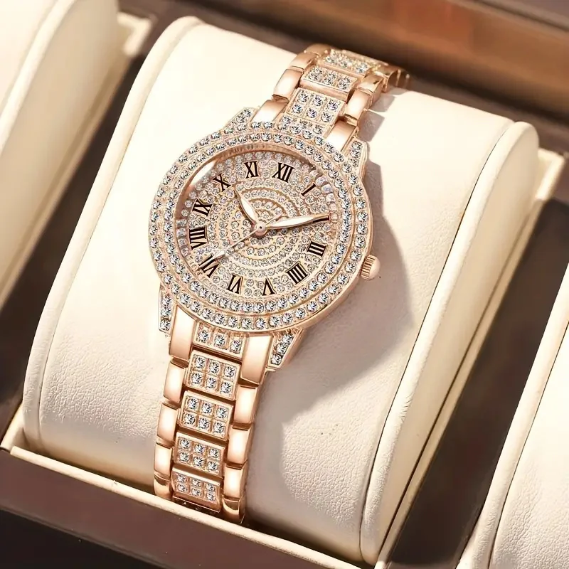 1PCS Luxury fashion gold silver rose gold alloy full diamond Roman quartz watch gift set business occasions all the pieces