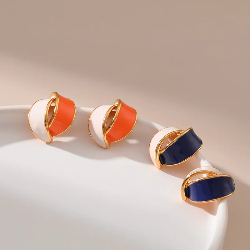 Irregular French Drip Earrings Fashion Color Block 18k Gold Plated Orange Stud Earrings For Young Girls Blue Temperament Jewelry