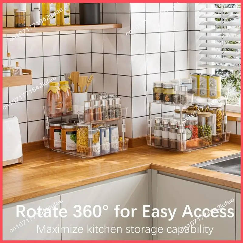 

B52C Double-Layer Rotating Rack Height-Adjustable Rack With Hooks Suitable For Cabinets, Kitchens, And Desktop Storage