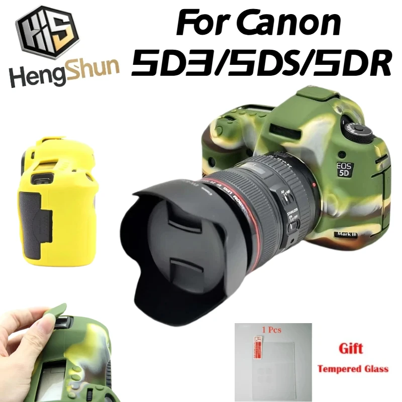 For Canon 5D3 5DS 5DR Soft Silicone Camera Case Shock‑Proof Anti‑Scratch Protective Cover + Free Tempered Glass Screen Protector