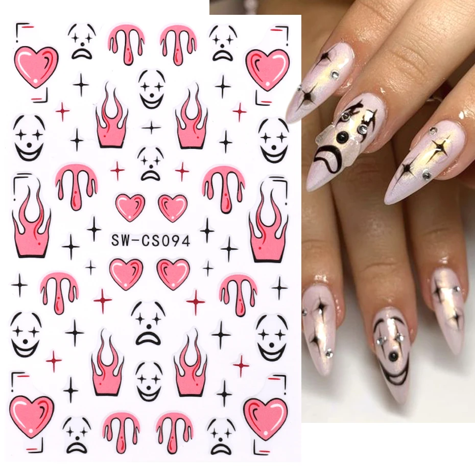 Clown Nail Stickers 3D Halloween Candle Stars Comic Heart Flame Graffiti Line Cat Leaf Cartoon Gel Polish Slider Nail Decoration