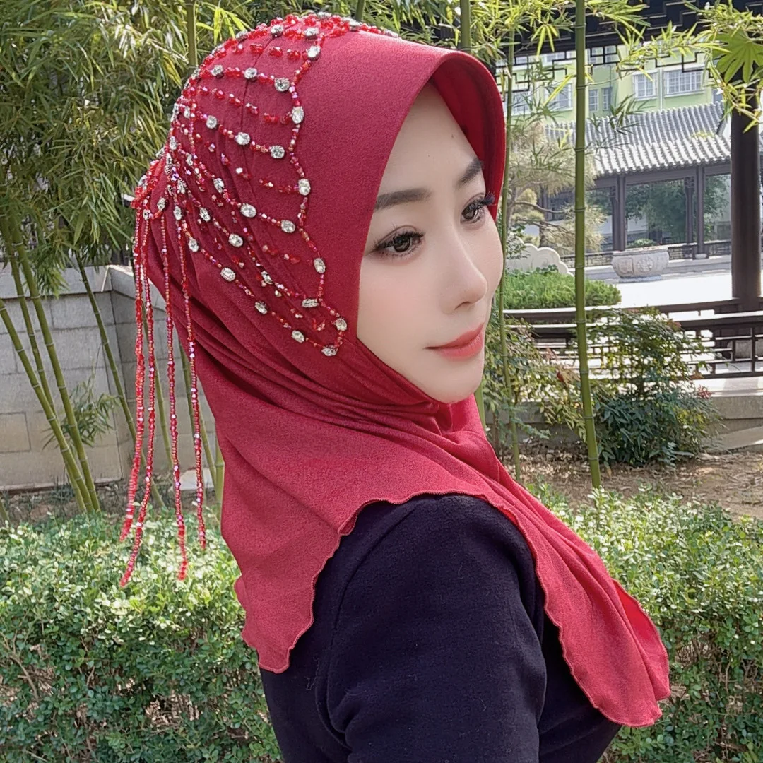 Africa Ethnic Hats Hijab Black Luxury Party Caps Women Diamonds Hard Shell Brim Strecth Hijabs Muslim Scarf Accessories Cap