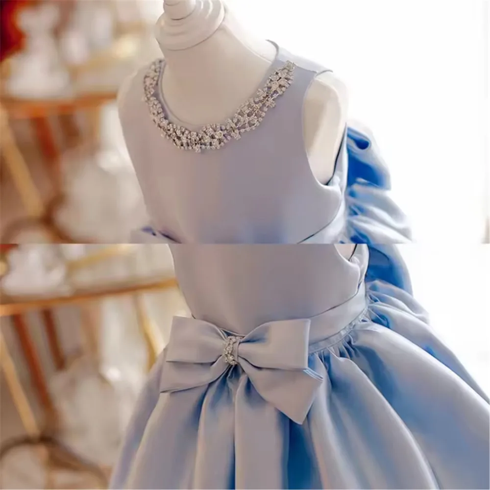 

Elegant Sleeveless Flower Girl Wedding Dress Satin Beaded with Bow Luxury Princess Baby Girls Kids Birthday Party Prom Ball Gown