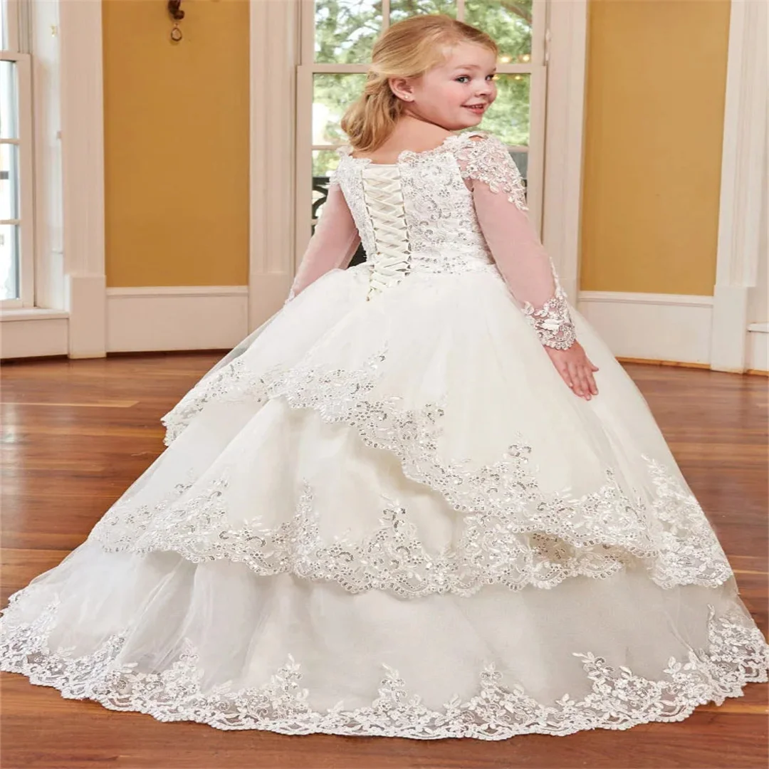 

Customized Ivory Flower Girl Dress Lace Appliques Pattern Long Sleeve For Wedding Birthday Party Prom Banquet Princess Gown
