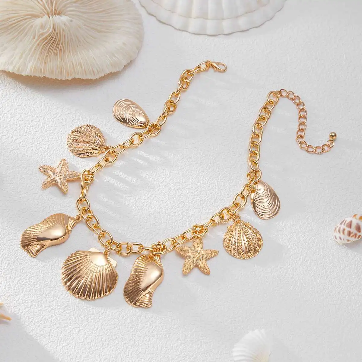 

PuRui Vintage Gold Color Exaggerate Metal Necklace Creative Unique Starfish Scallop Pendant Summer Beach Vacation Neck Jewelry