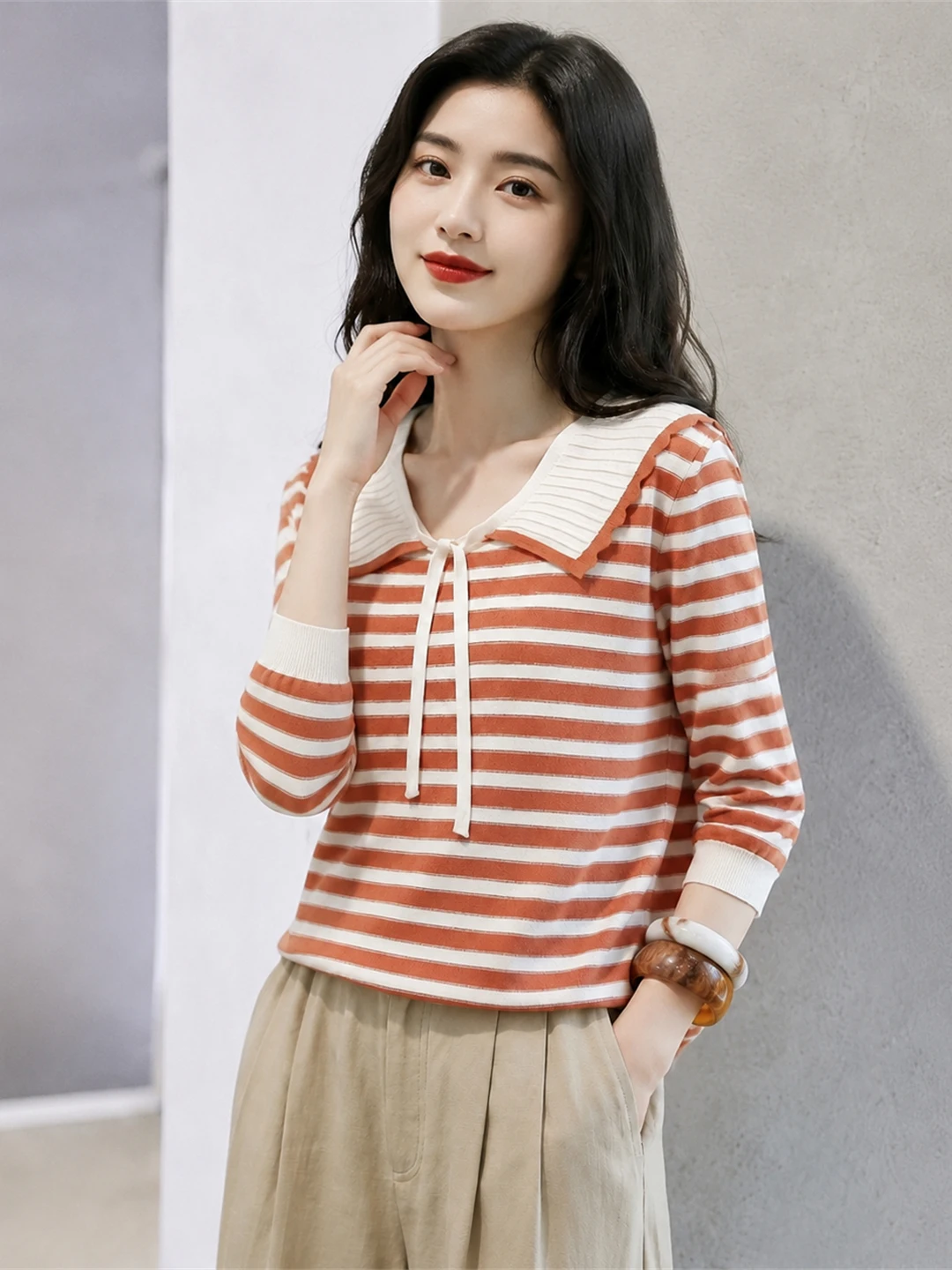 Korean Style Sweet Color Block Design Ice Silk Knitted Shirt Summer Stripe Elegant Top Women's Fashion Straight Cut Long Sleeve