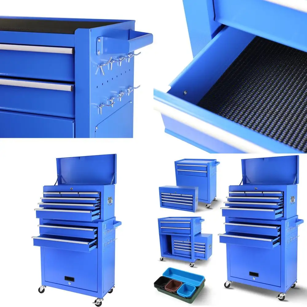 

Портативный ящик для хранения инструментов с 8 ящиками, шкаф с надежным замком, черная подкладка для использования в гараже и мастерской