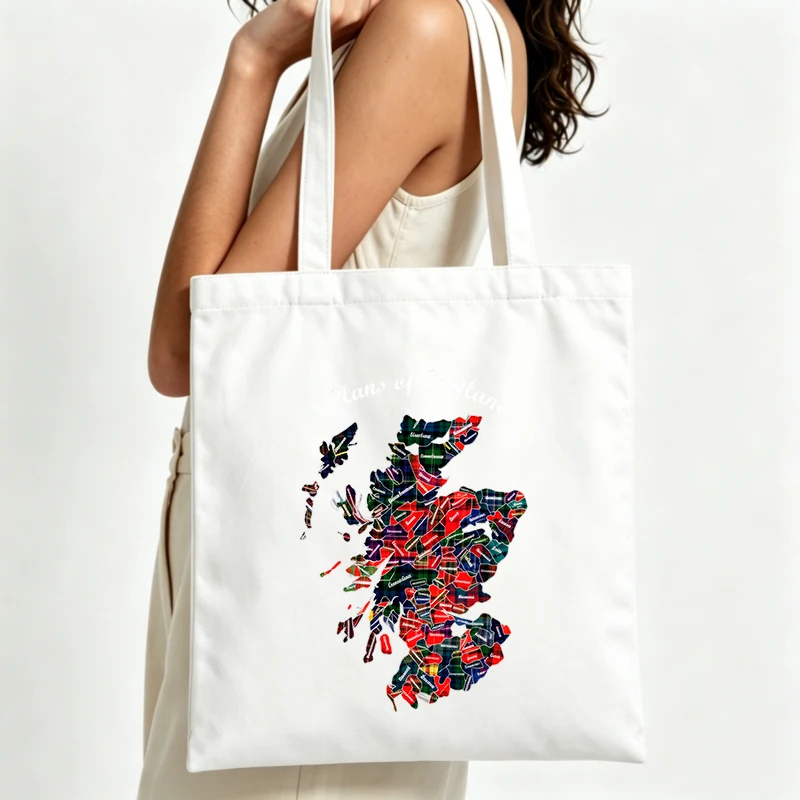 Women's Scottish map tartan print canvas tote bag, casual style for daily shopping and outings