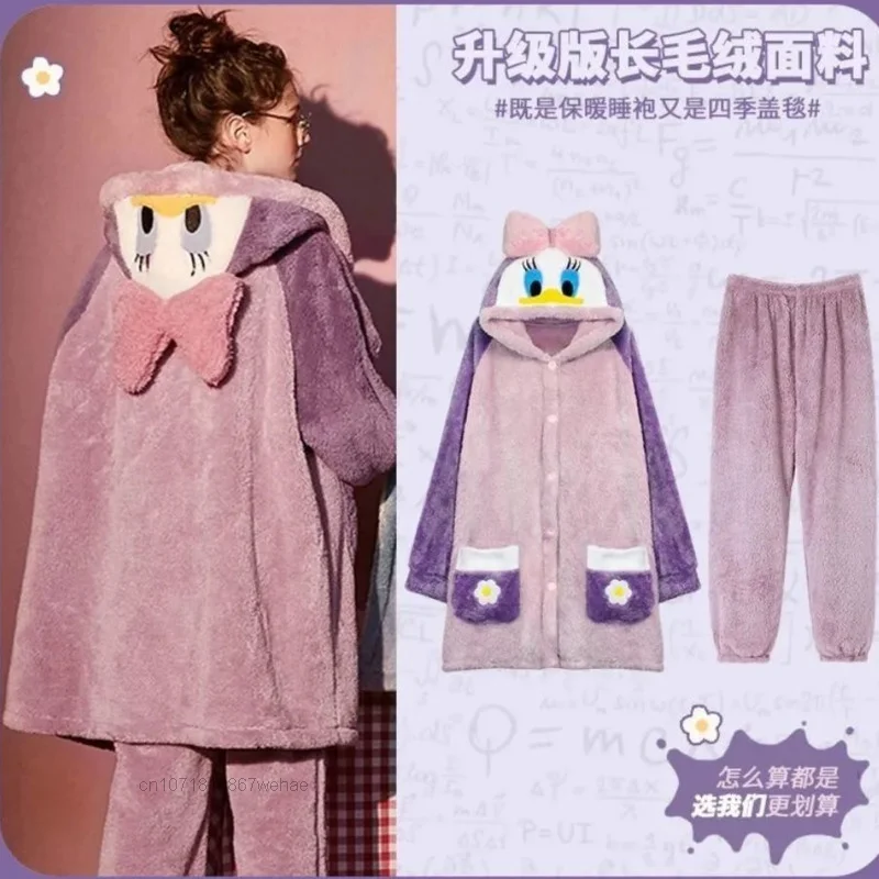 Disney Daisy & Donald Duck Winter Plush Pjs Y2k Winnie Warm Coral Velvet Nightwear Couple Thickened Bathrobe Hooded Pyjamas Suit