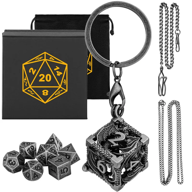 خمر الجوف D6 حالة مع 7 قطعة/المجموعة البسيطة المعادن متعدد السطوح النرد حلقة رئيسية قلادة سلسلة بدلاية لعب الأدوار منضدية الألعاب #3