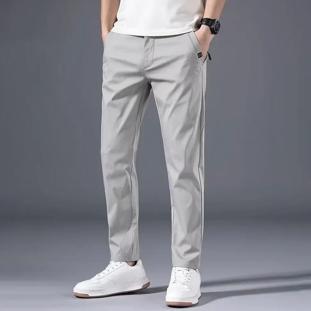 Summer Men\'s Slim Fit Thin Chino Pant Casual Flat Front Flex Classic Full Pants Middle Waist Man Trousers