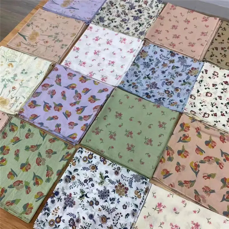 3Pcs 35x35cm Pure Cotton Japanese Korean Style Small Flower Printed Women Handkerchiefs Square Scarf Tea Party Favors For Ladies