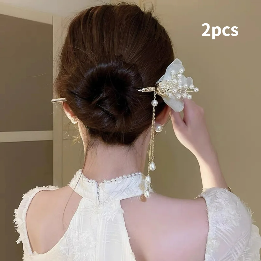 

2pcs Chinese Hairpin with Pearls and Tulle Flowers – Vintage Hanfu Hair Stick, Retro Hair Accessory for Bun Updo, Traditional