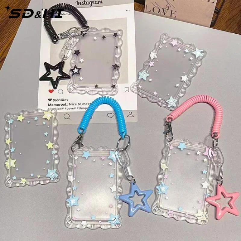 1pcs Star Photocard Holder With Spring Coil Strap Hollow Star Charm Kpop Photo Card Sleeve ID Card Display Protector Case