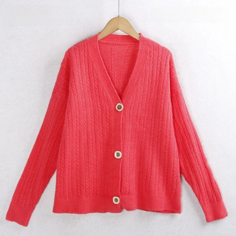 

V-Neck Knitted Sweater Autumn Winter Large Size Twist Button Pure Color Sweet Red Yarn Women's Open Cardigan Sweater