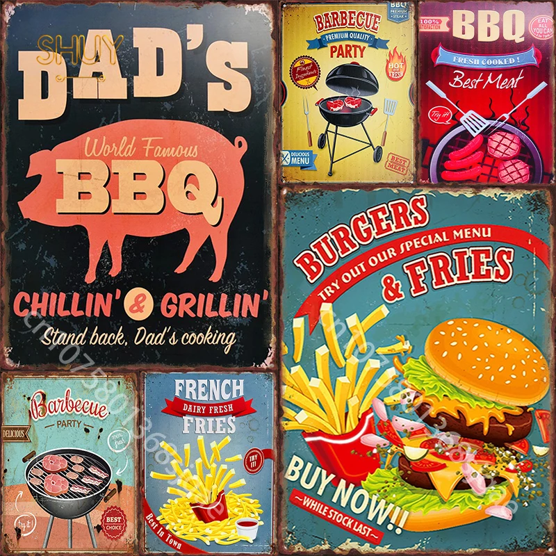 

BBQ Metal Tin Sign Vintage Barbecue Fast Food Illustrations for Bar Pub Man Cave Wall Decor Plaques Art Posters Home Decoration