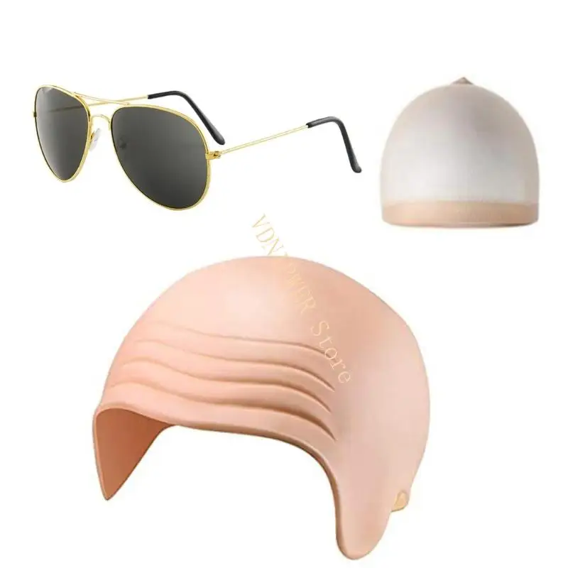 

3Pcs Halloween Bald Caps Latex Makeup Bald Head Caps with Sunglasses Cosplay Costume Accessories for Themed Party D08E