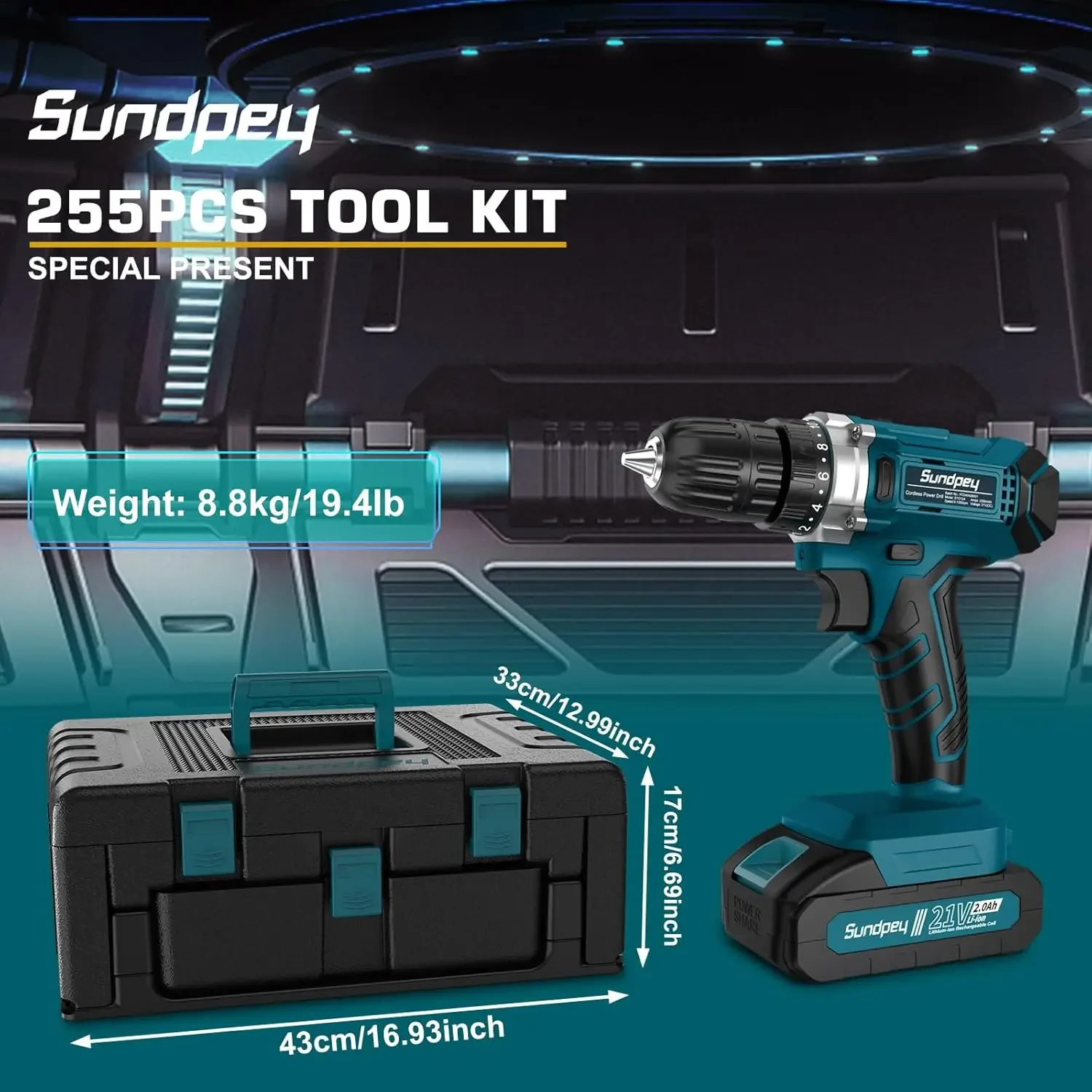 21V Cordless Drill - Sundpey 255-PCs Portable Complete General Basic Home and Auto Repair Tool Set with Drawer for Handyman