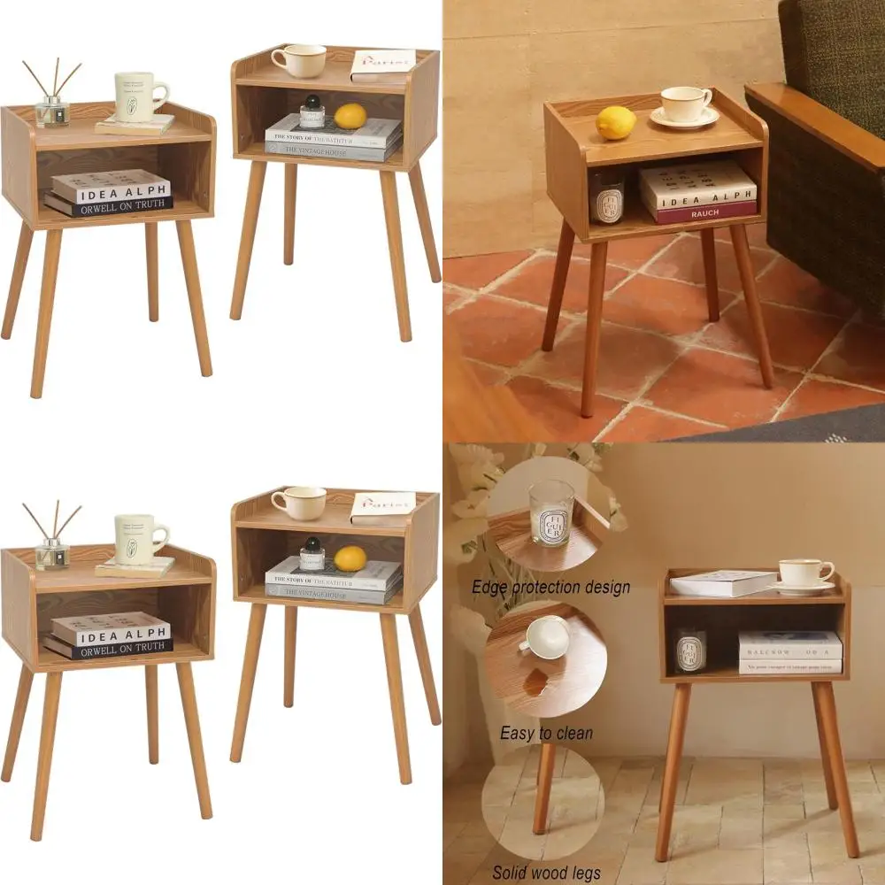 Пара современных прикроватных тумбочек середины века с местом для хранения вещей, ножками из цельного дерева, подходящим для спальни, гостиной и небольших помещений.