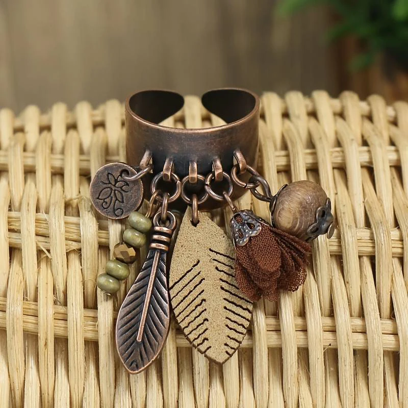 Bohemian Feather Tassel Rings for Women Vintage Adjustable Opening Ring Beads Tassel Geometric Wide Band Couple Ring