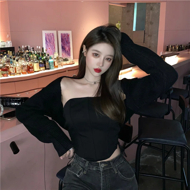 2022 Spring Fashion Women Suit Sexy Bra Drawstring Bandage Vest Top Black Knitted Cardigan Hot Girl Two-piece Set Female