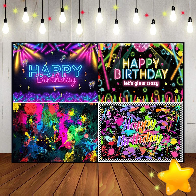 Neon Glowing Background Birthday Decoration Graffiti Painting Baby Shower Party Photo Retro Art Custom Backdrop Banner Vinyl