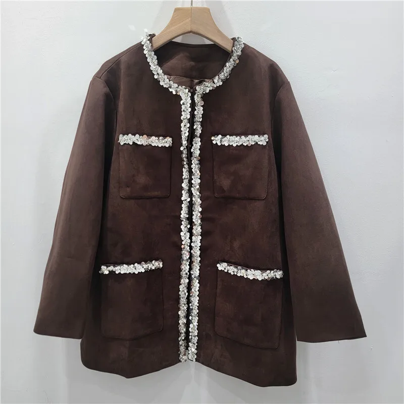 HKSH Lente Herfst Nieuwe Vrouwen Faux Suede O-hals Multi-pocket Zware Ambachtelijke Lovertjes Franse High-End Luxe Elegante Ins jas HK13808