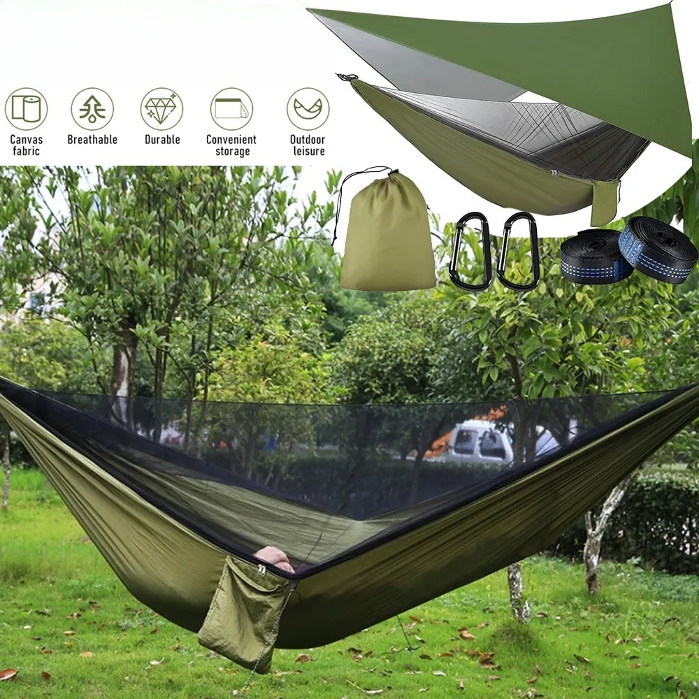 Hamac portable avec pare-soleil et moustiquaire, hamac de camping double, adapté à la randonnée, au trekking et aux voyages en plein air – tissu en maille léger et respirant, durable et résistant aux déchirures, comprend un sac de rangement. 290x140cm
