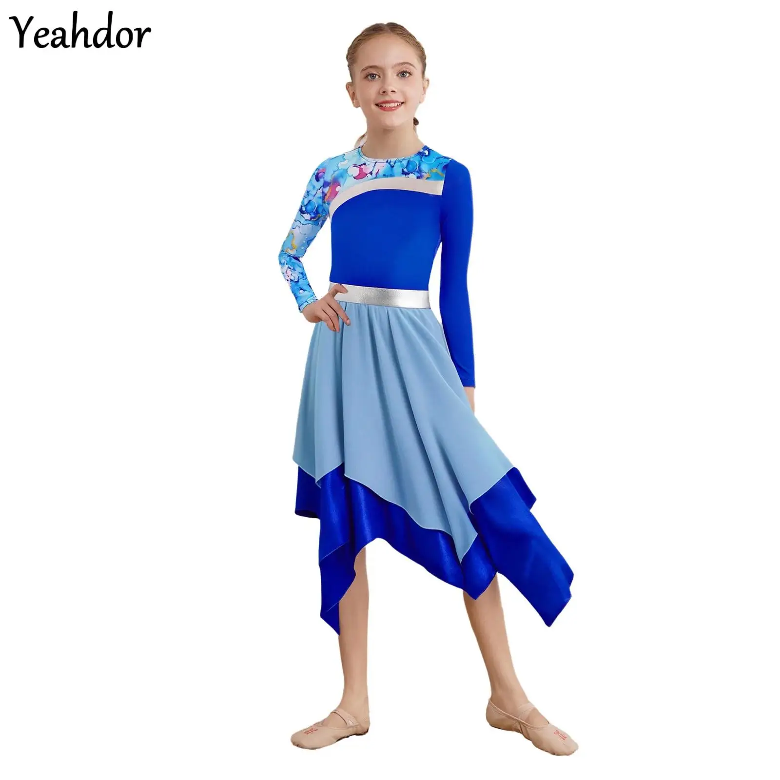 

Girls Liturgical Worship Praise Dance Dress Long Sleeve Metallic Glossy Printed Church Choir Performance Ballet Lyrical Dresses