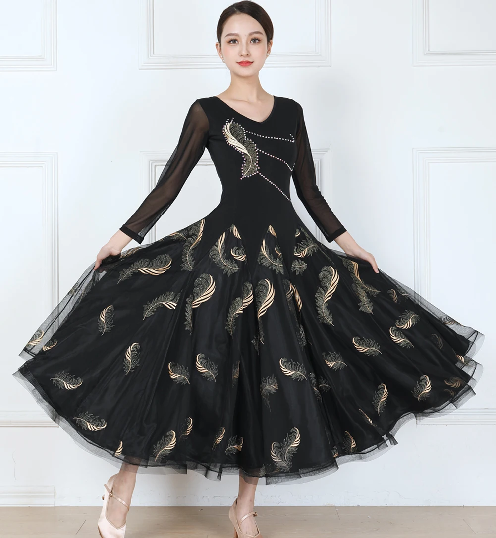 Standard Dance Women Competition Costume V-neck Rhinestone Gauze Flamenco Skirt Ballroom Dance Long Sleeve Practice Clothes