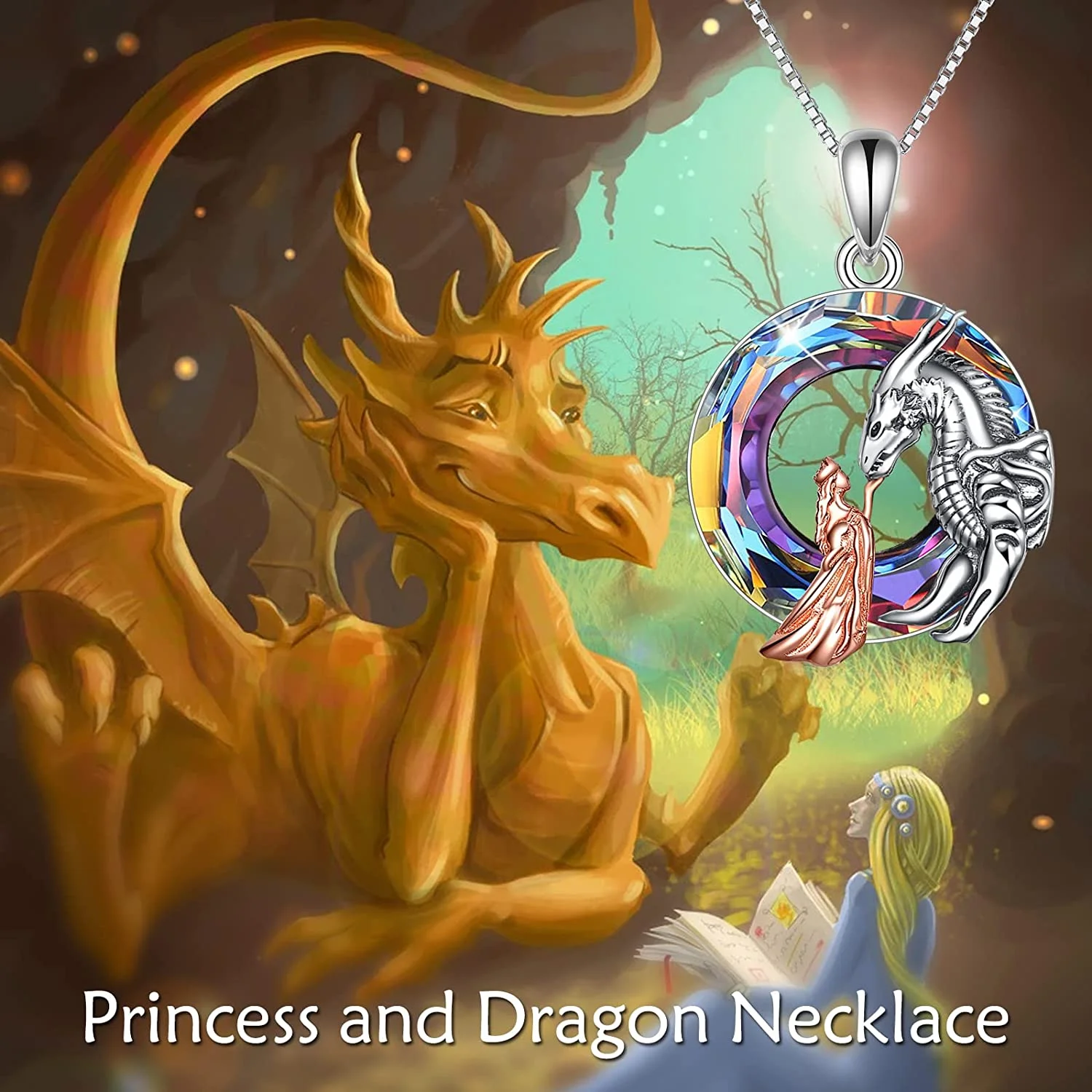 Exquisite Fashion Princess and Dragon Necklace for Woman Charm Blue Crystal Pterodactyl Animal Pendant Jewelry Gift for Teens