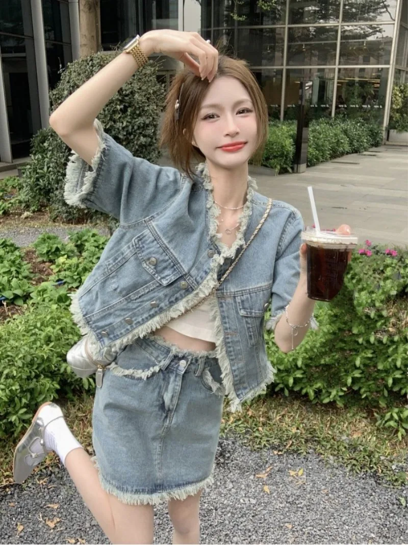 

Shpmishal Summer New Korean Round Neck Short Denim Coat High Waist Slimming Versatile Half Skirt Two Piece Set Female Clothing