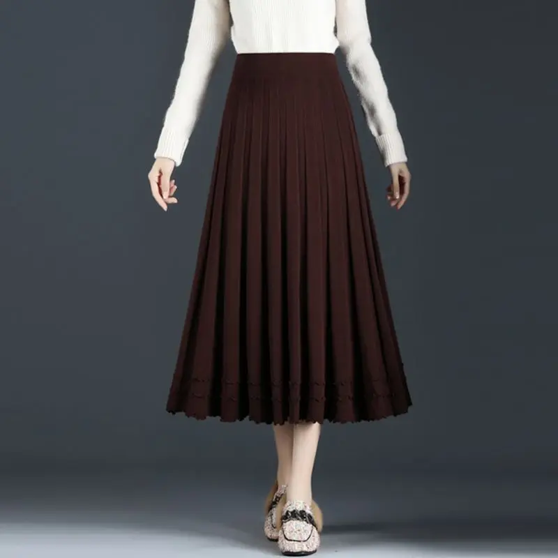 Korean Fashion Autumn Winter Women's Solid Elastic High Waist Screw ThreadSpliced Chic Mid-length A-line Knitted Pleated Skirt