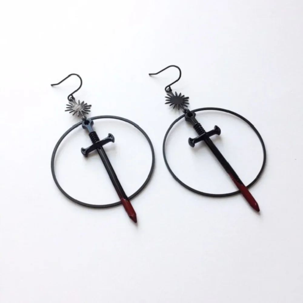 Gothic Exaggerated Black Stainless Steel Sun Blood-stained Sword Cross Dangle Earrings for Women Halloween Punk Jewelry Gift
