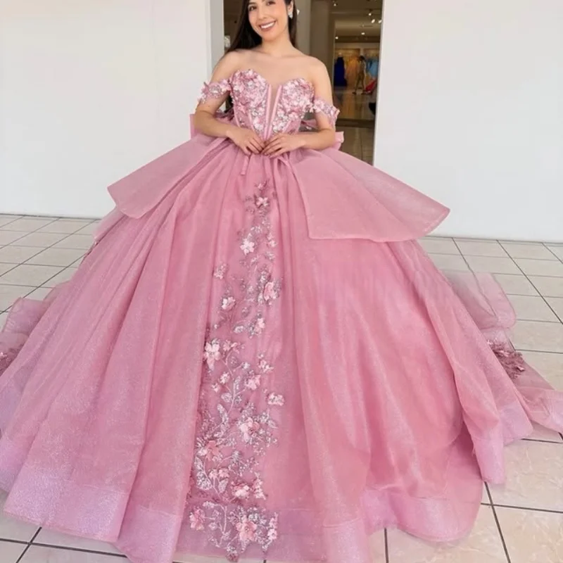 

Pink Quinceanera Dresses Off the Shoulder Sequin Layering 3D Flower Decal Long tail Bow Vestido De 15 Quinceanera Customize