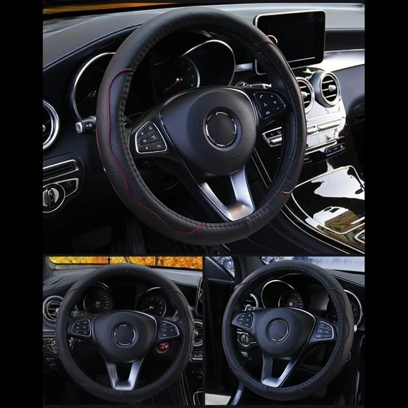 Embossed Car Has An Inner Ring Steering Wheel Cover PU Fiber Leather Suitable for 14.5 - 15 Inch Round Car Decorations