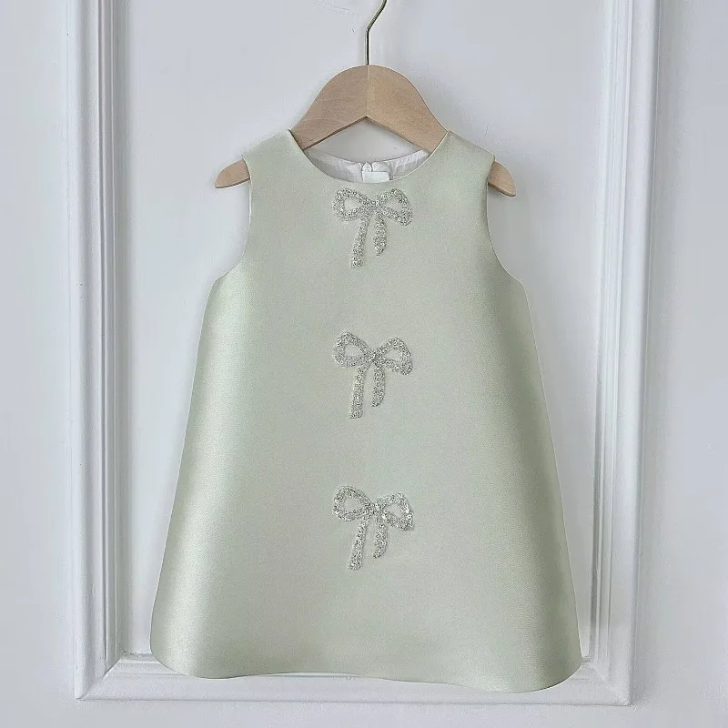 

Kids Satin A-line Dress with Rhinestone Bows Baby Girl Sleeveless Daily Wear Solid Dress Girls Wedding Birthday Short Dress